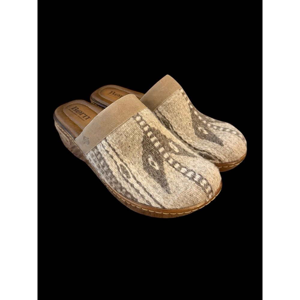 Born Handcrafted Wool Suede Clogs Mules Slip On Tan Brown Women US 8 Aztec